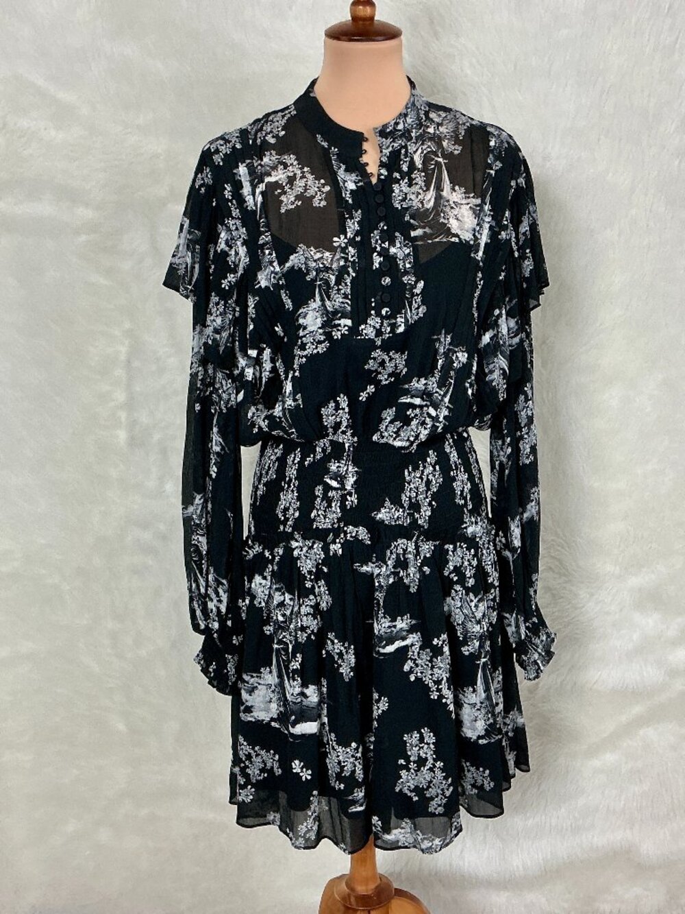 Allsaints Aubrey Sheer Frill Shirred Waist Long Sleeve Black Mini Dress US 8